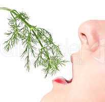 Woman eats a sprig of dill