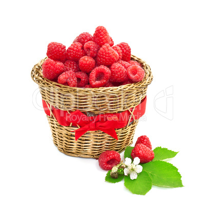 Ripe raspberry with green leaves in a basket. Isolated on white