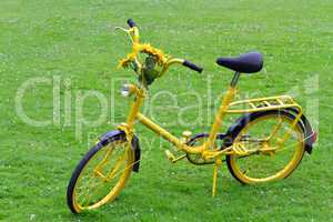 Old yellow bicycle with sunflowers.