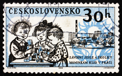 Postage stamp Czechoslovakia 1962 Children in Day Nursery and Fa