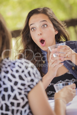 Attractive Shocked Girl Talking with Friend Outdoors