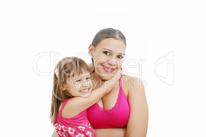 Portrait of Hispanic pregnant woman with daughter isolated over