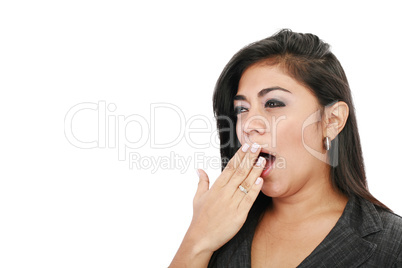 Close-up portrait of a business woman yawn, isolated on white ba