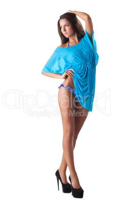 beauty woman posing in blue bikini and cape