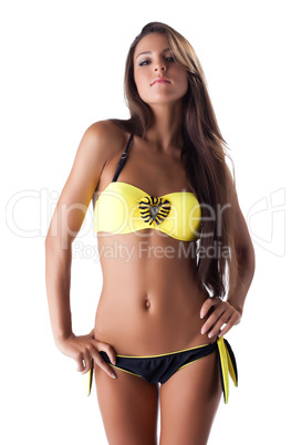 pretty young woman in yellow swimsuit isolated