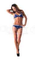 Young woman walk in blue bikini isolated