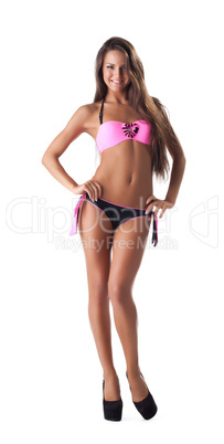 sexy girl in beach swimsuit stand isolated
