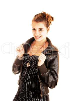 Portrait of girl in leather jacket.