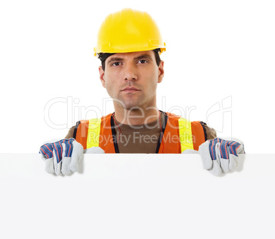 construction worker holding blank sign