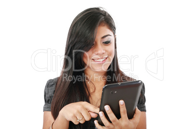 Woman holding tablet computer isolated on white background. work