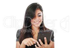 Woman holding tablet computer isolated on white background. work
