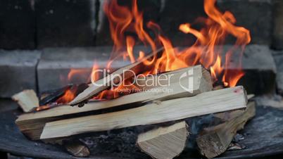 Burning Wood In The Fireplace. Closeup.