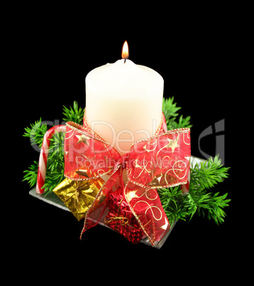 Xmas Candle With Bow And Decorations