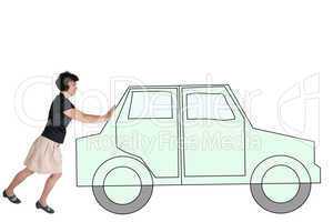 Woman pushes symbolically car