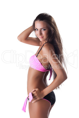Pretty brunette woman portrait in bikini isolated