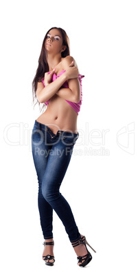 Sexy brunette woman undress rose tank top