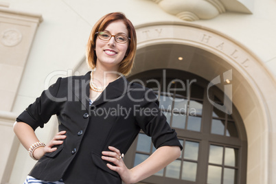 Young Pretty Businesswoman Outside in Front of City Hall