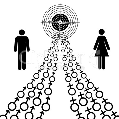 illustration of male and female sex symbols tend toward the goal