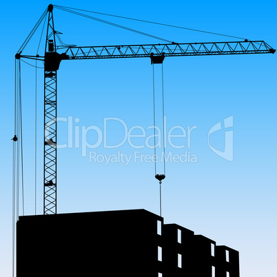 Silhouette of one cranes working on the building on a blue backg