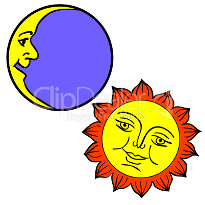 Vector illustration of Moon and Sun with faces