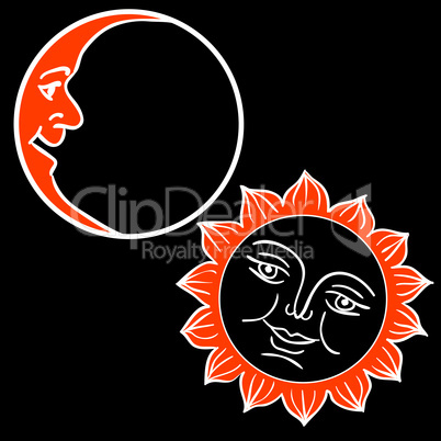 Vector illustration of Moon and Sun with faces