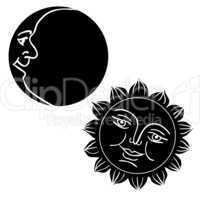 Vector illustration of Moon and Sun with faces