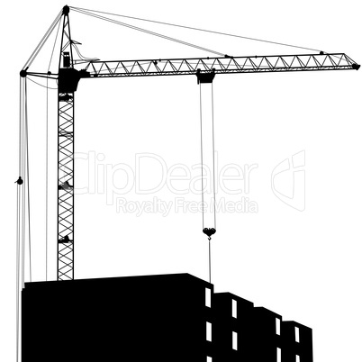 Silhouette of one cranes working on the building on a white back