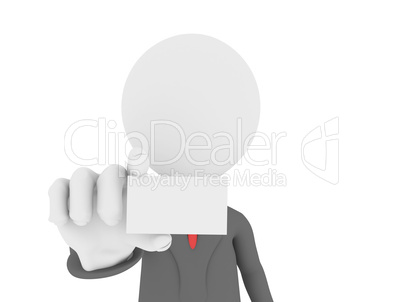 3d Businessman in office showing a blank business card