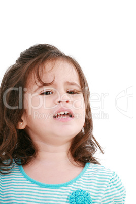 Portrait of little girl crying. Isolated on white background.