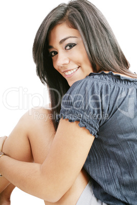 Portrait of pretty girl teenager. Isolated over white background