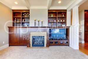 TV and entertainment center with white wood ceiling.