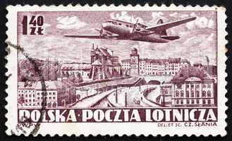 Postage stamp Poland 1952 Plane over Warsaw