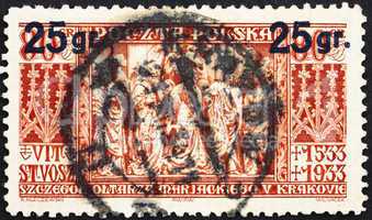 Postage stamp Poland 1934 Altar Panel of St. Mary's Church, Crac