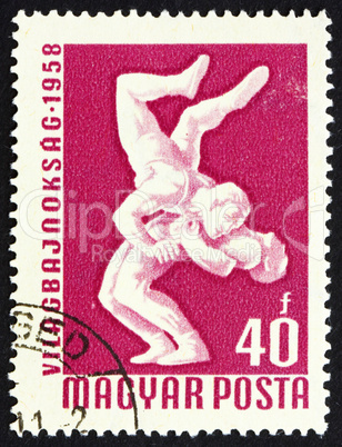 Postage stamp Hungary 1958 Wrestlers