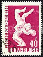 Postage stamp Hungary 1958 Wrestlers