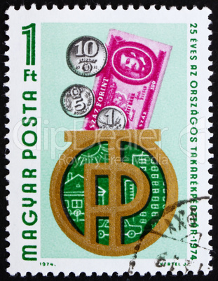 Postage stamp Hungary 1974 Bank Emblem, Coins and Banknote