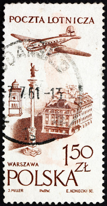 Postage stamp Poland 1957 Plane over Castle Square, Warsaw