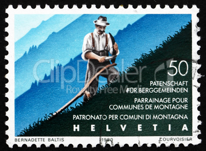 Postage stamp Switzerland 1990 Mountain Farmer Cuts Grass