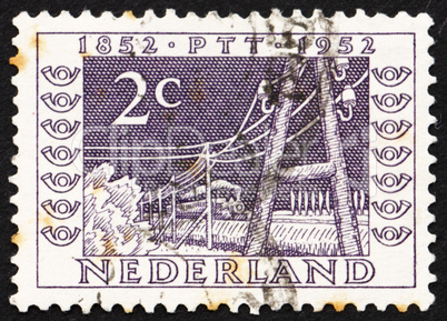 Postage stamp Netherlands 1952 Telegraph Poles and Train of 1852