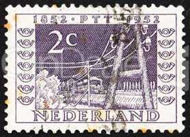 Postage stamp Netherlands 1952 Telegraph Poles and Train of 1852