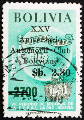 Postage stamp Bolivia 1966 Map of South America and La Paz Arms