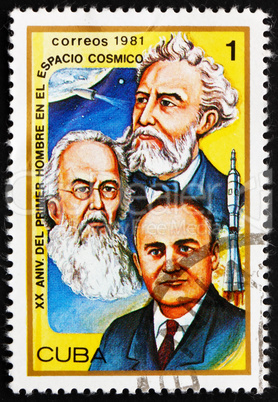 Postage stamp Cuba 1981 Jules Verne, Konstantin E. Tsiolkovski a