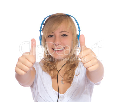 young girl listens to music with headphones isolated on white ba