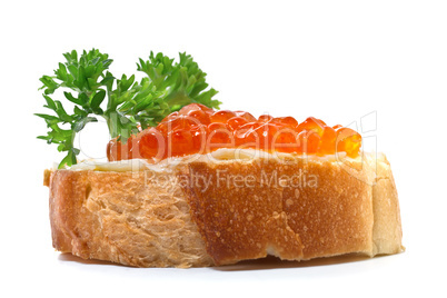 Sandwiches with red caviar on white background