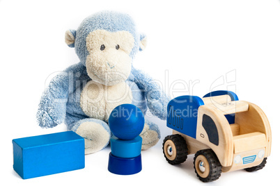 Toy monkey and bricks