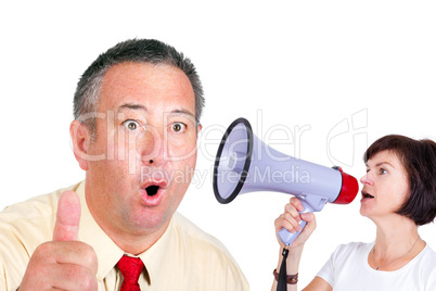 Woman and man with megaphone