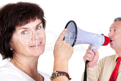 Woman and man with megaphone