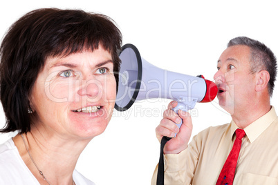 Woman and man with megaphone