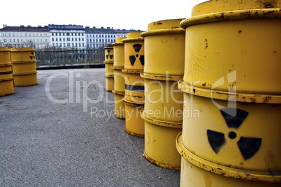 Rusty and old barrel with radioactive waste