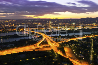 Vienna - Danube River & Island highway at night